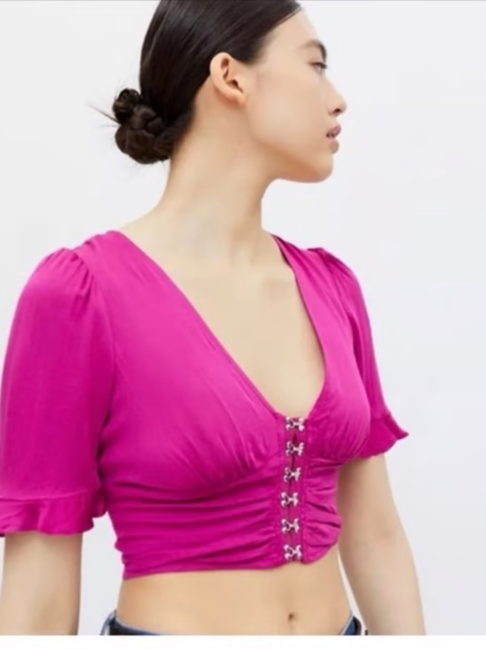 Urban Outfitters Fuchsia Hook-Front Cropped V-Neck Top